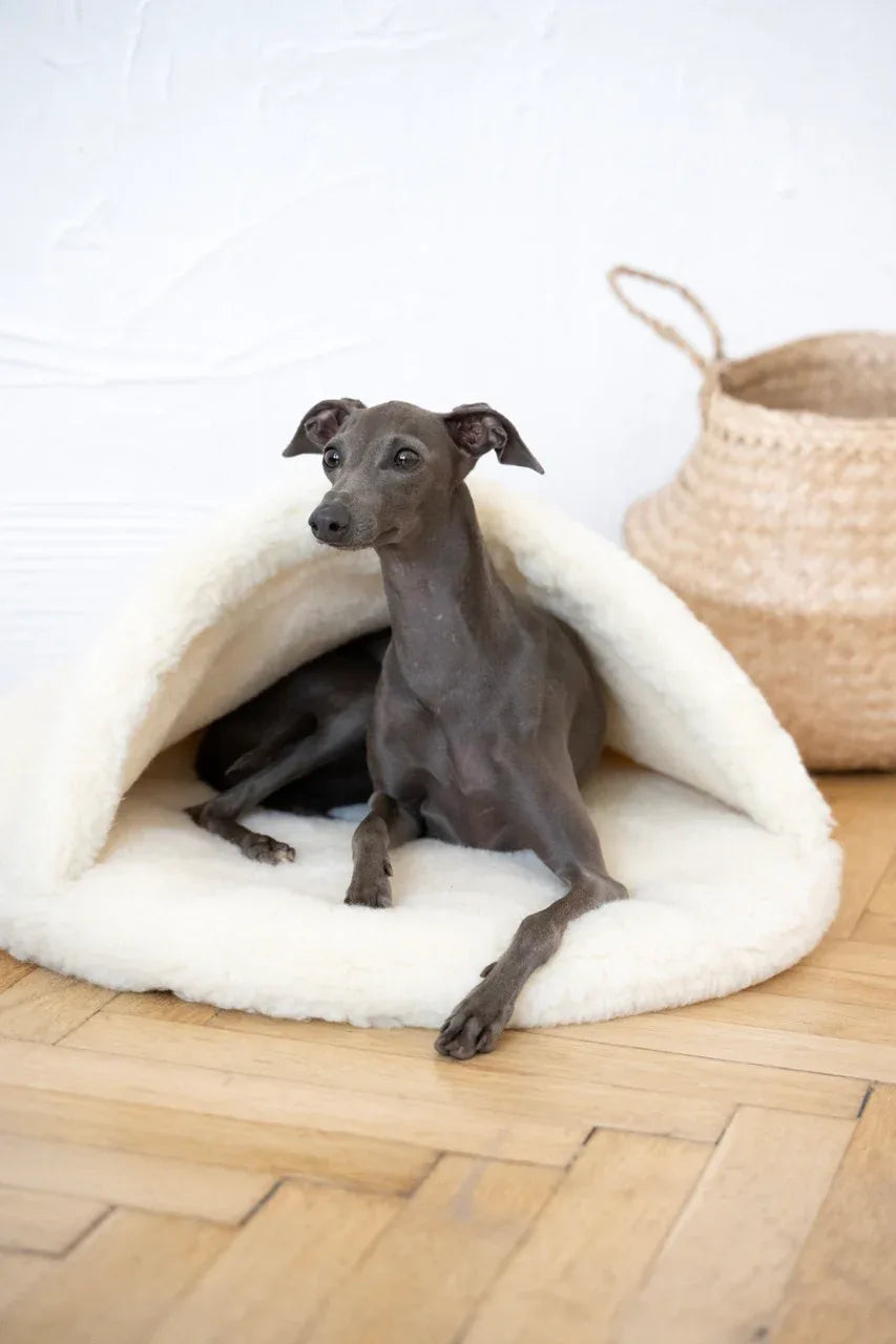 Natural Wool Pet Cave shown in multiple size options
