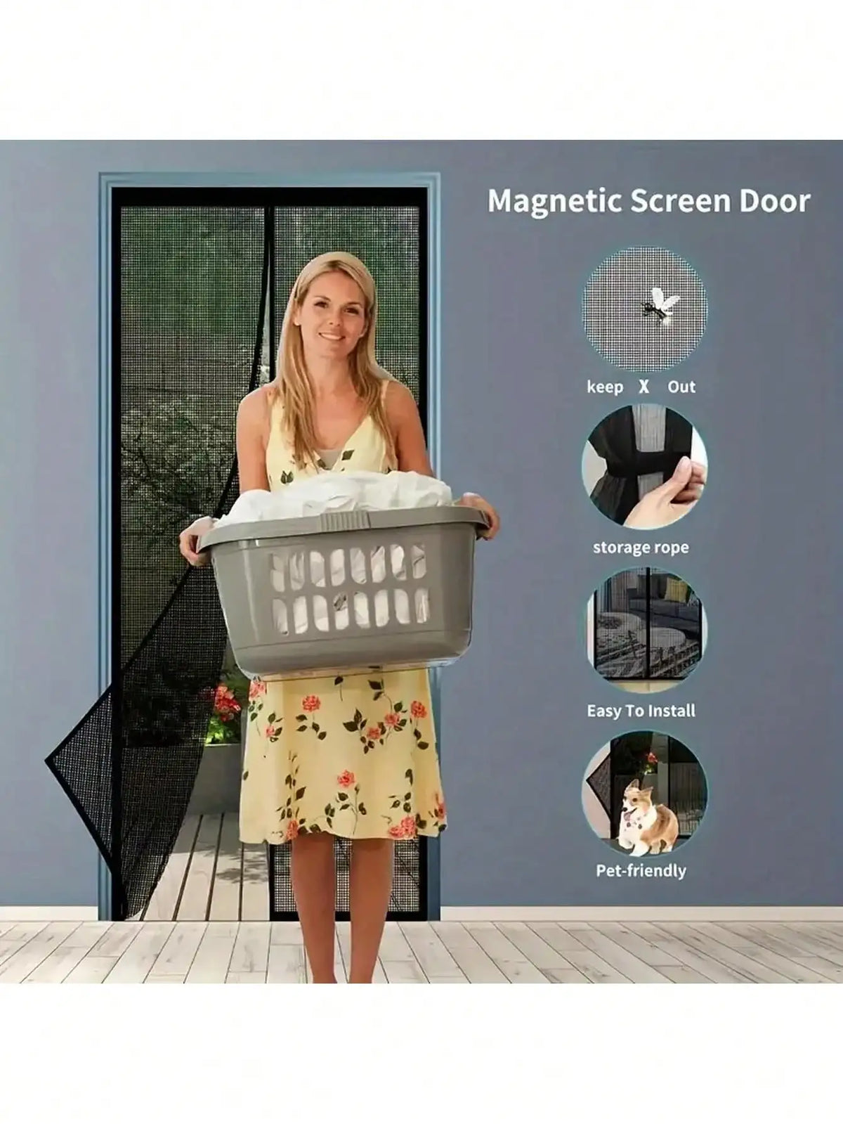 1pc Heavy Duty Magnetic Screen Door with Full Frame Hook and Loop, Durable Polyester Mesh Curtains Fits Doors up to 38x82 Inches