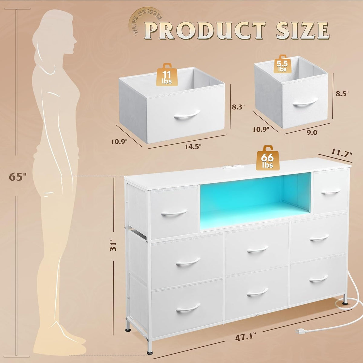 White Dresser TV Stand with LED Lights front view