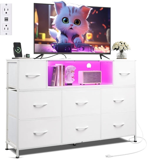 White Dresser TV Stand with LED Lights front view