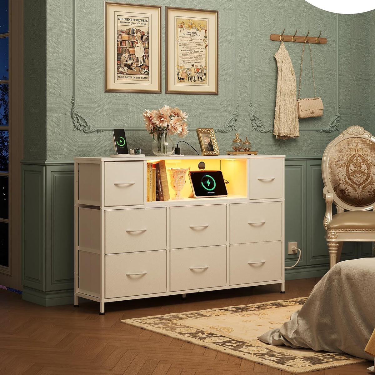 White Dresser TV Stand with LED Lights front view