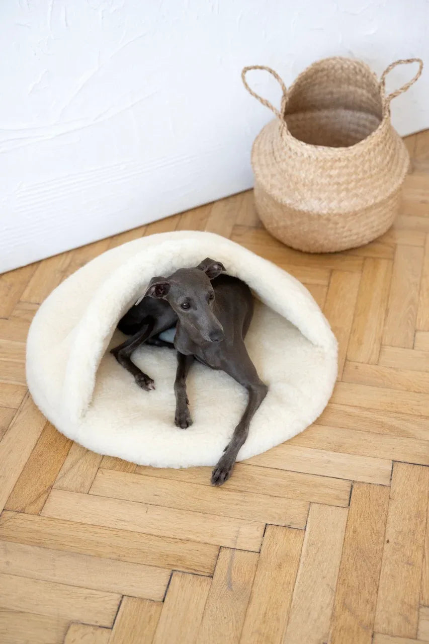 Natural Wool Pet Cave in white, front view