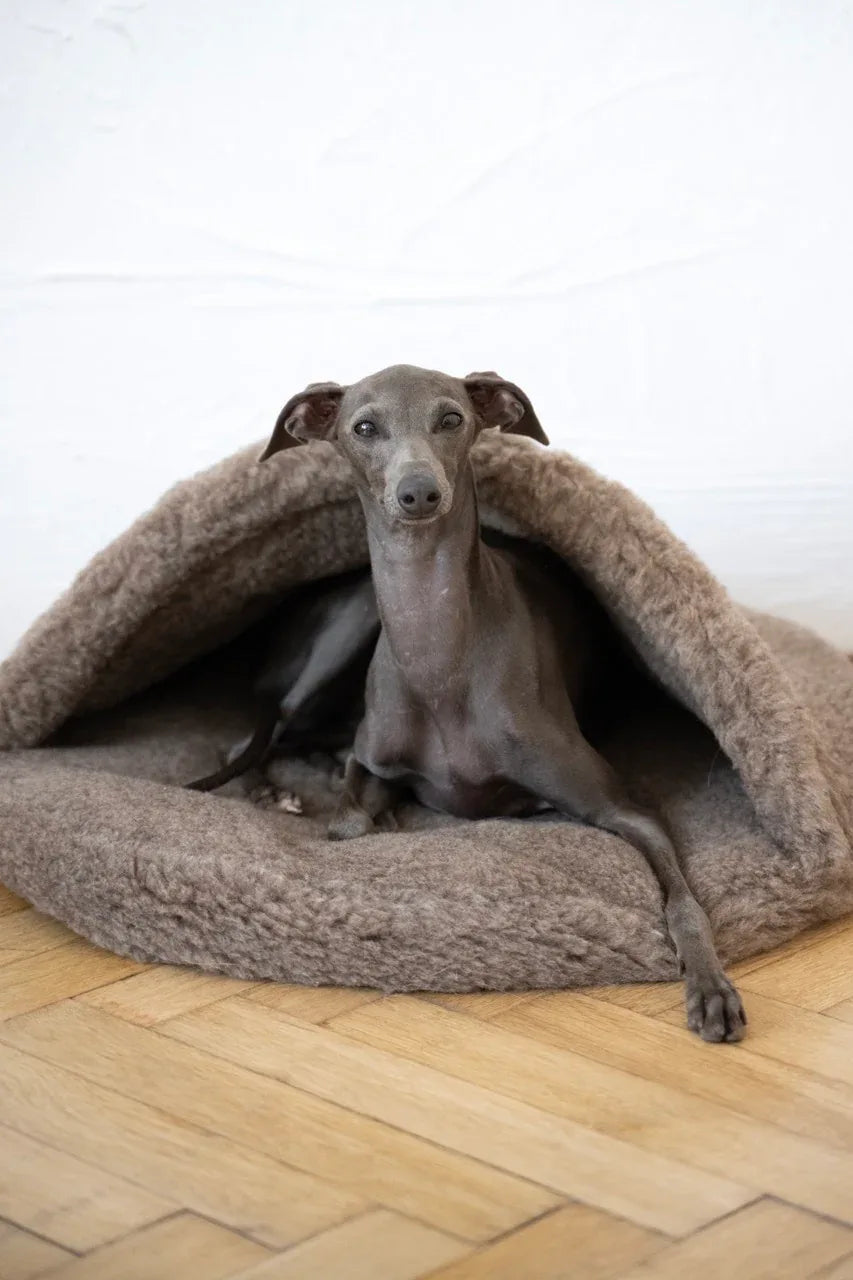 Natural Wool Pet Cave in beige, front view