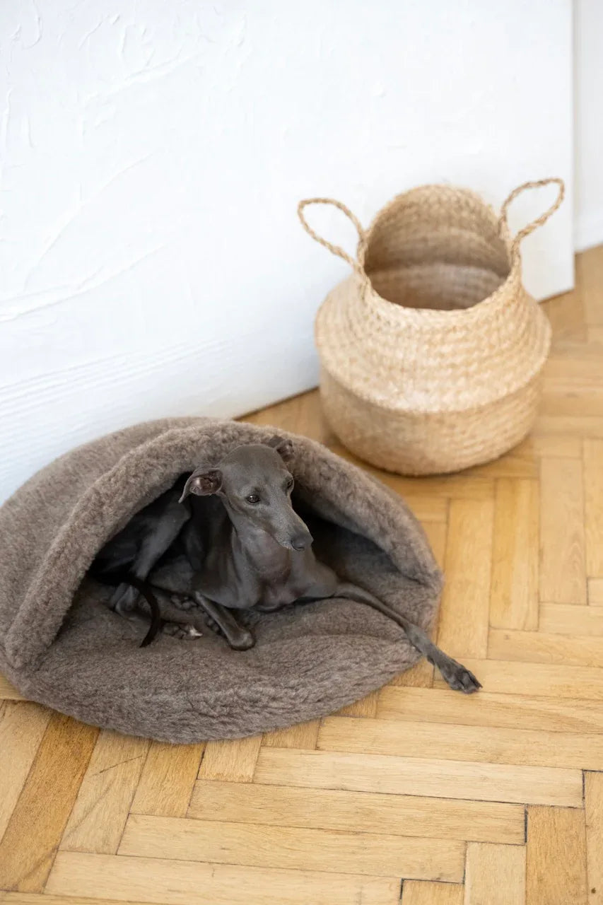 Natural Wool Pet Cave with cat resting inside