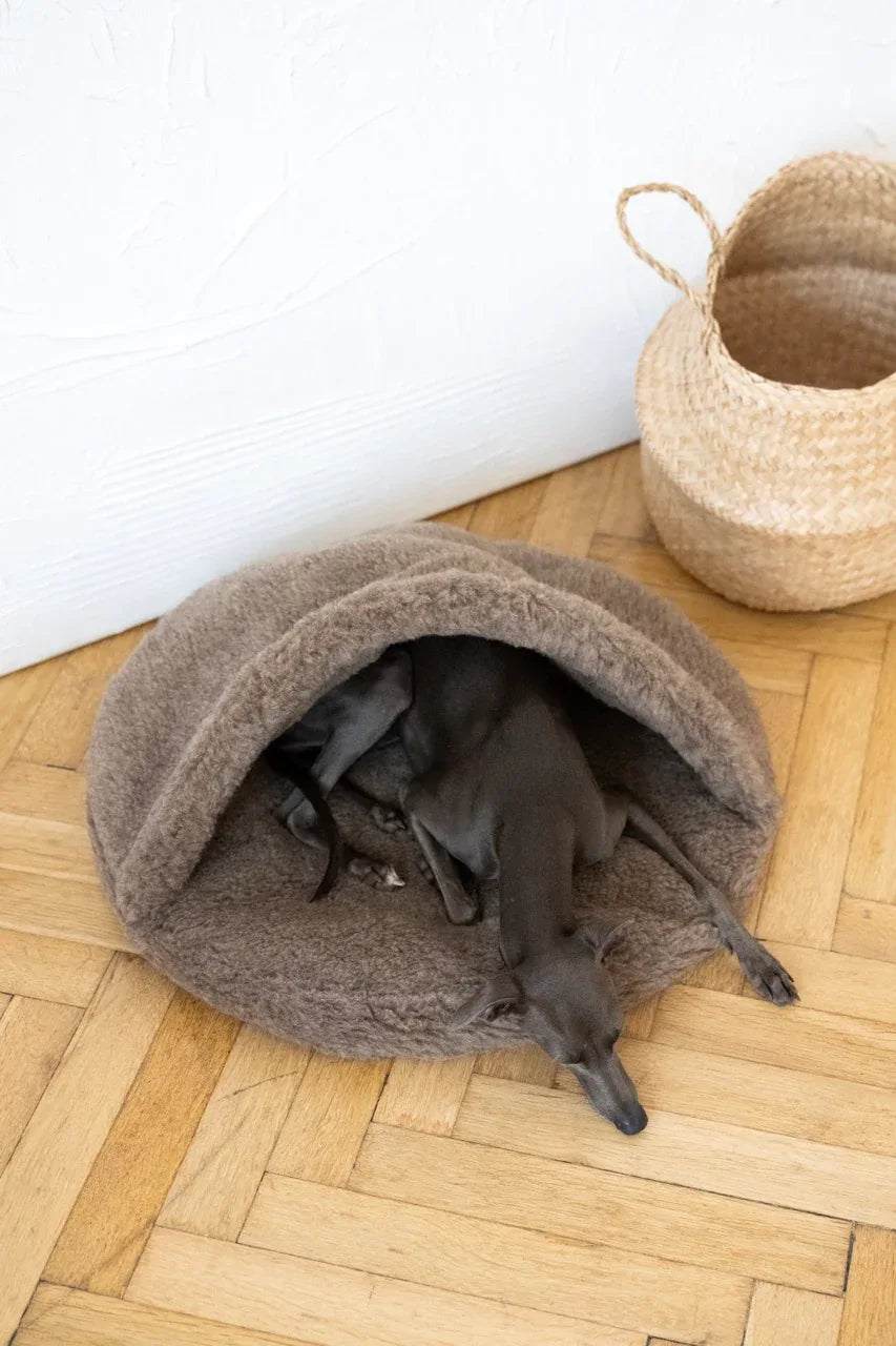 Natural Wool Pet Cave showing burgundy cotton base
