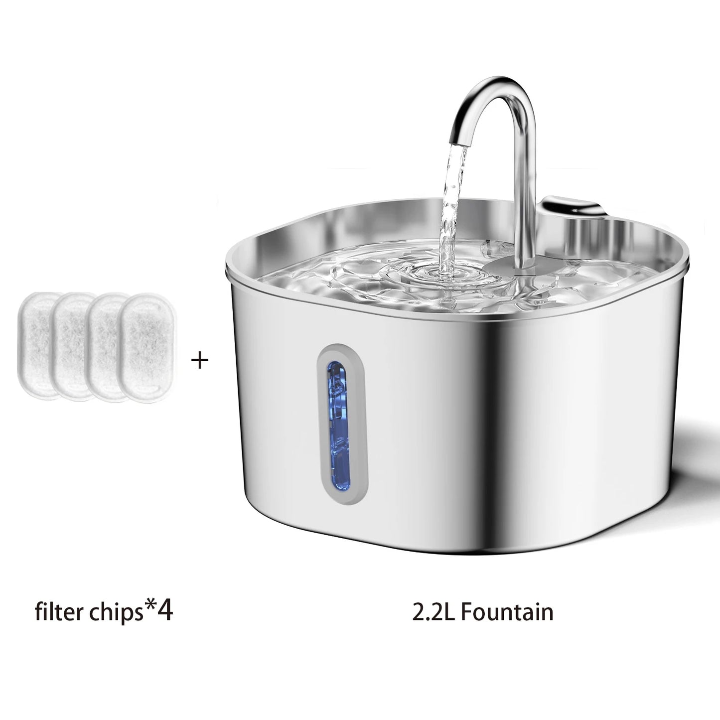 ZYFeeder 2.2L Automatic Cat Water Fountain Square Stainless Steel Pet Water Feeder Dog Water Fountain with window（No 5V 1A Plug）