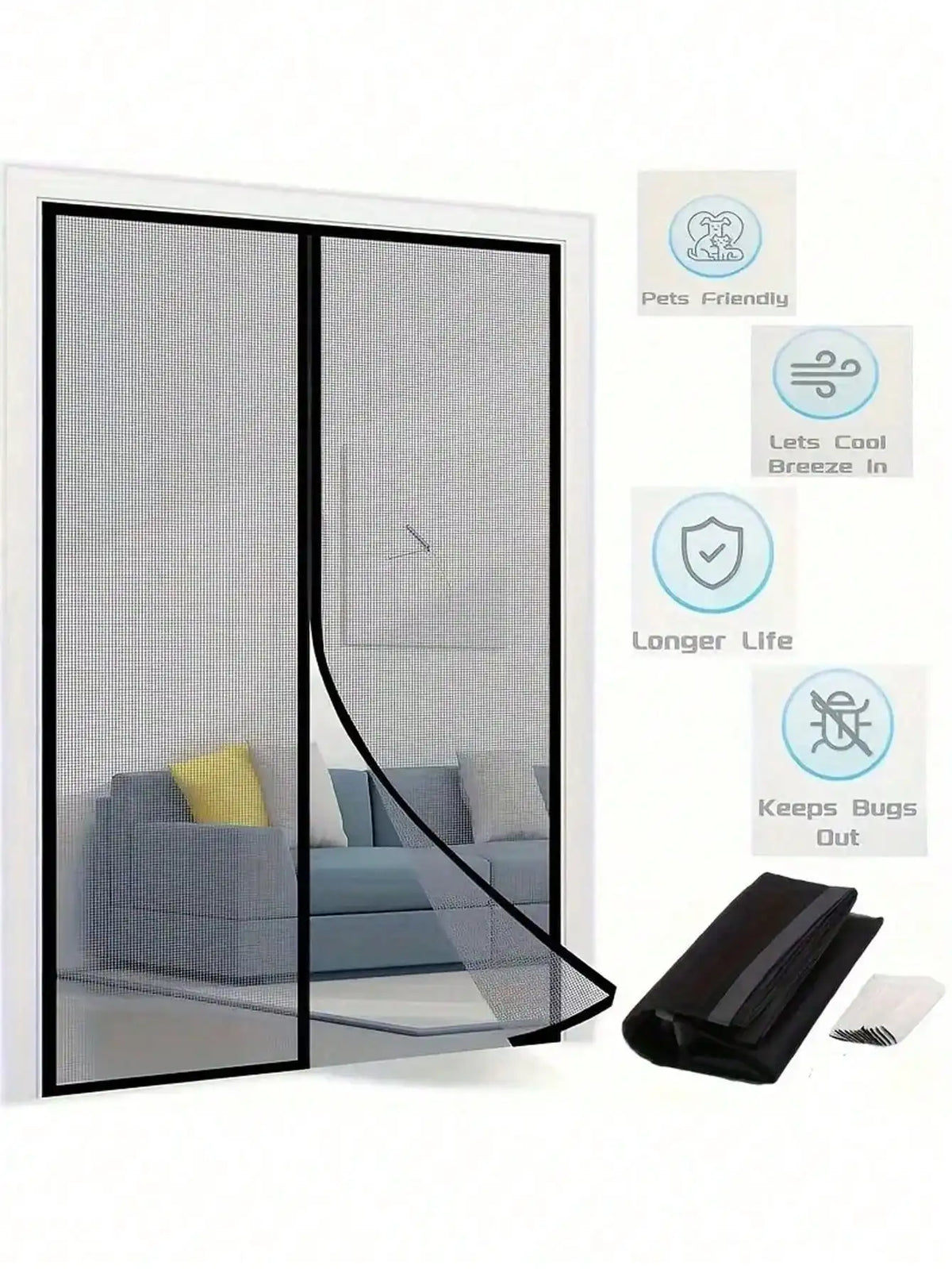 1pc Heavy Duty Magnetic Screen Door with Full Frame Hook and Loop, Durable Polyester Mesh Curtains Fits Doors up to 38x82 Inches