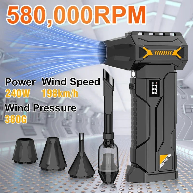 580000 RPM Powerful Turbo Blower, Cordless Vacuum Cleaner, Electric Snow Blower, 380g Blowing Force, LED Lighting, Car Cleaning