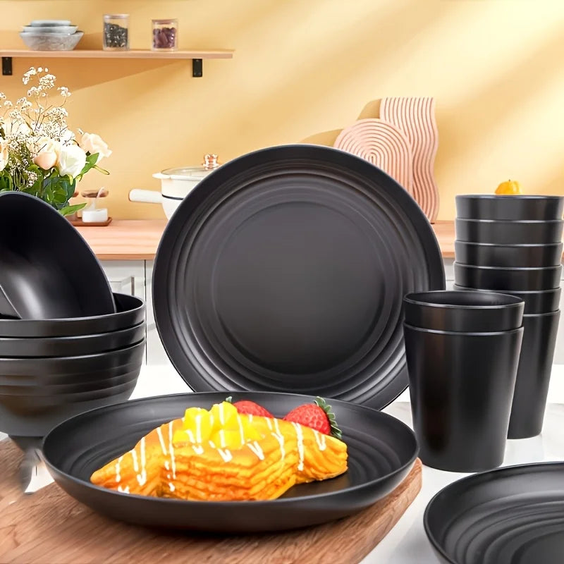 16-PC Unbreakable Plastic Dinnerware Set | Microwave & Dishwasher Safe Plates Bowls Cups | Heavy Duty Home/Commercial Use