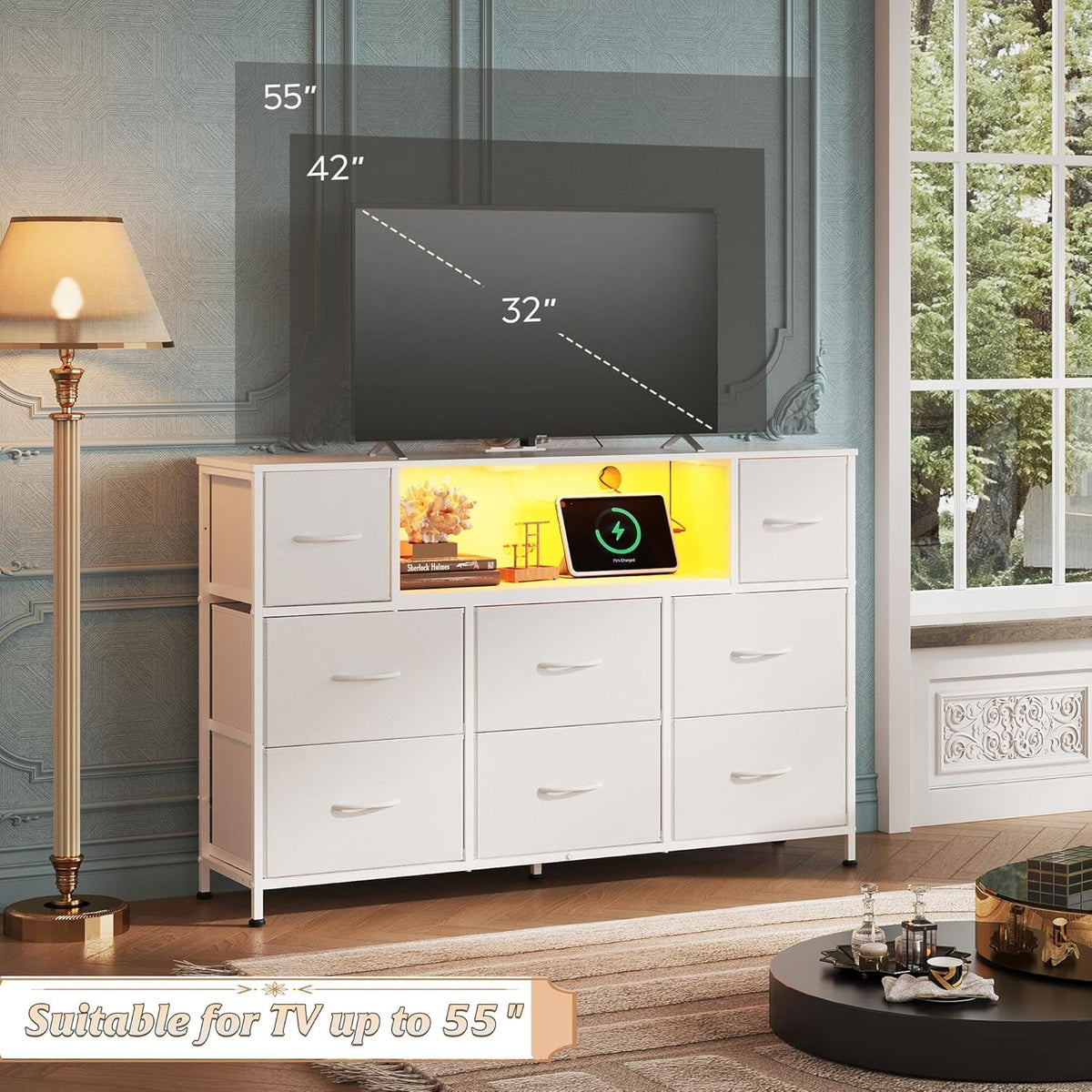 White Dresser TV Stand with LED Lights front view