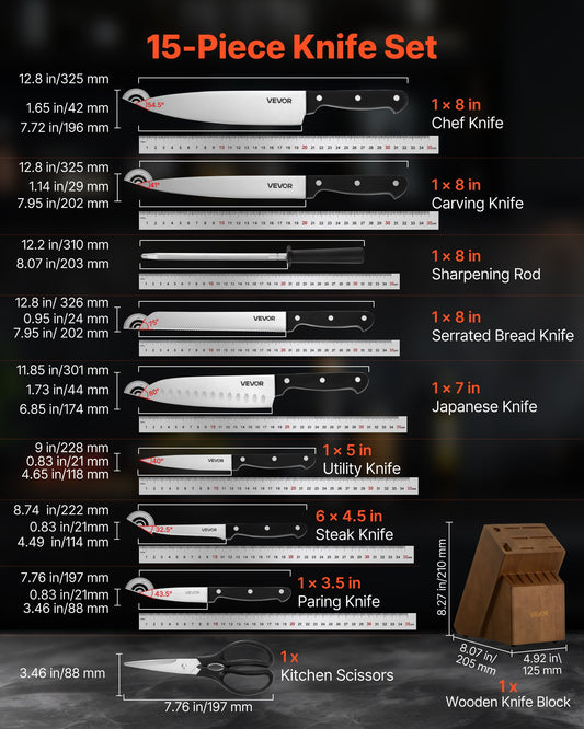 15 Piece German Kitchen Knife Set front view